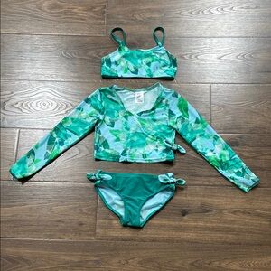 art class Green and Blue Bikini Set with Long Sleeve Top and Swim Cap